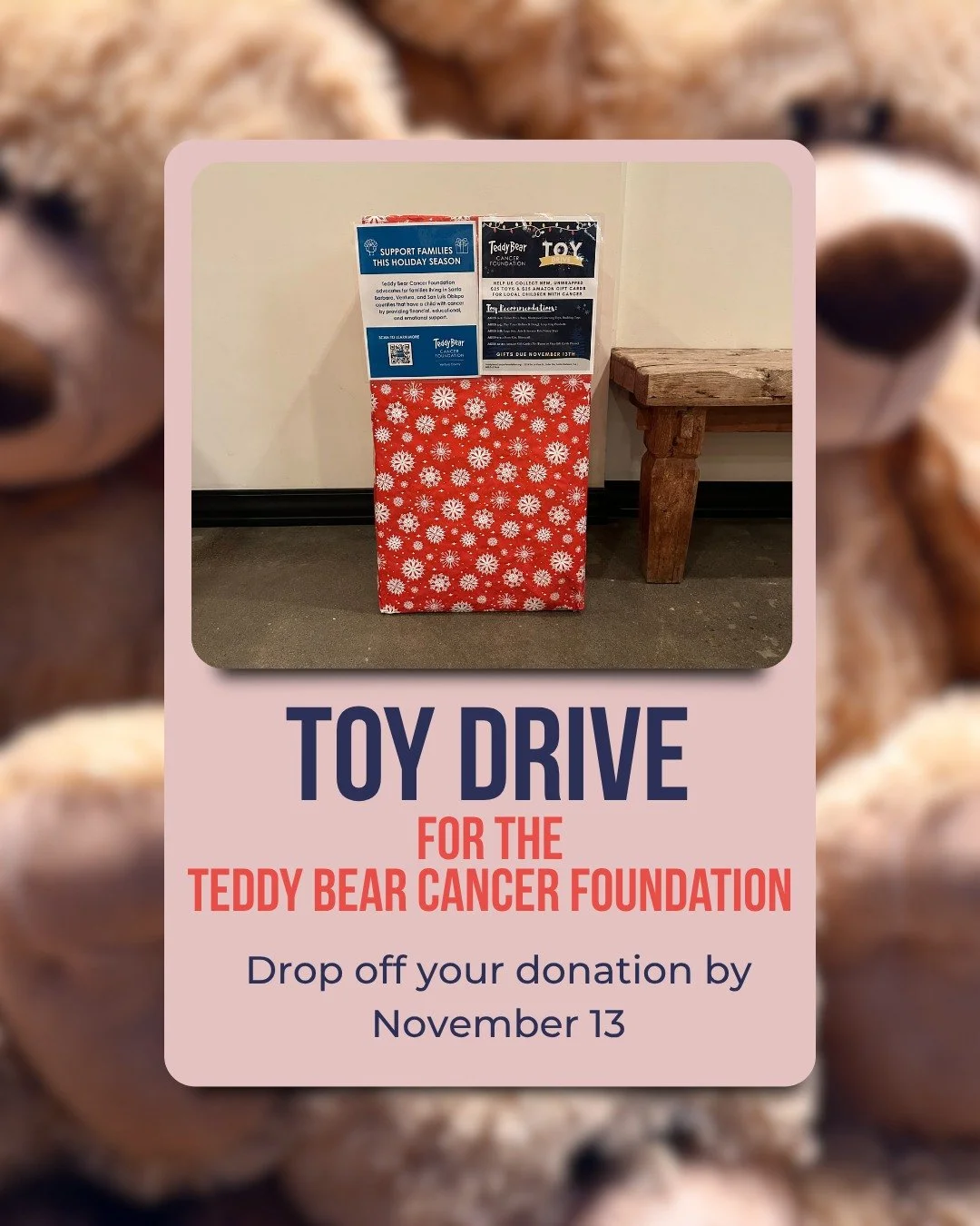 The season of giving is here, and we&rsquo;re proud to support the Teddy Bear Cancer Foundation&rsquo;s Toy Drive this year. 💛

We&rsquo;re collecting new, unwrapped toys and $25 Amazon gift cards to local children fighting cancer. Help us bring a l