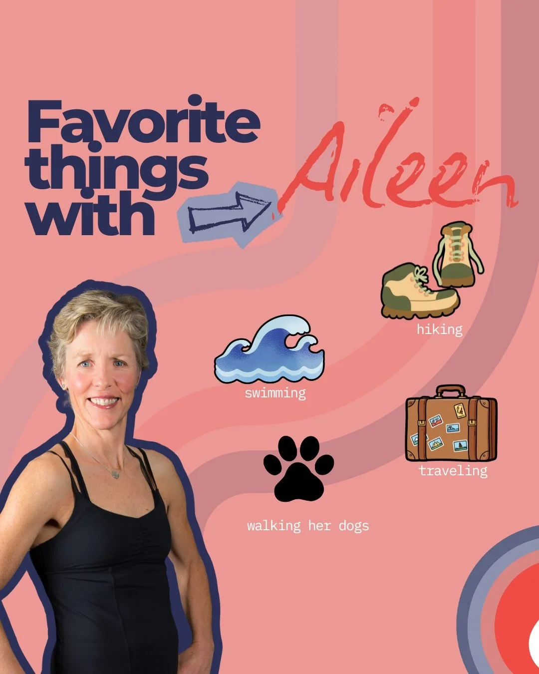 This month, we&rsquo;re sharing a few of our teachers favorite things&mdash;next up, Aileen, OHY teacher.

Her faves:
&bull; Traveling + visiting her sons
&bull; Walking her dogs
&bull; Swimming with the Ventura Master&rsquo;s
&bull; Hiking
&bull; Te