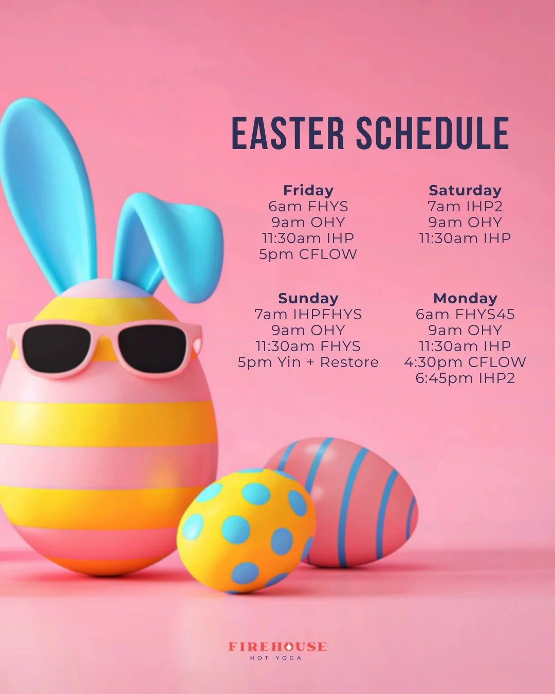 🐣 No schedule changes. No excuses.

Classes are running all weekend long &mdash; so if you need a reset, you know where to find us.

Hop into the heat. We&rsquo;ll save you a spot.