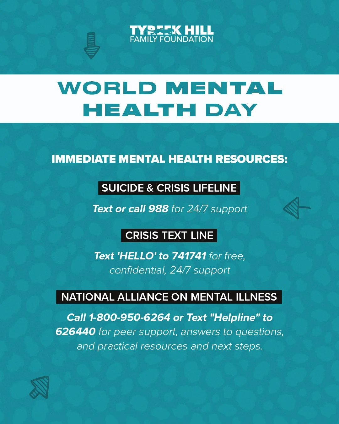 Today is World Mental Health Day 💙  Mental health and Wellness is one of the main pillars of the Tyreek Hill Family Foundation. No struggle is too small for you to work on getting better. Reach out to local mental health professionals and resources