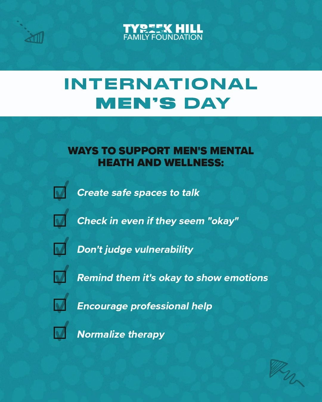 On #internationalmensday, we want to acknowledge the stigma around men's mental health, as well as other issues men face that negatively impact their wellness. Tyreek Hill Family Foundation promotes health and wellbeing for all 💙