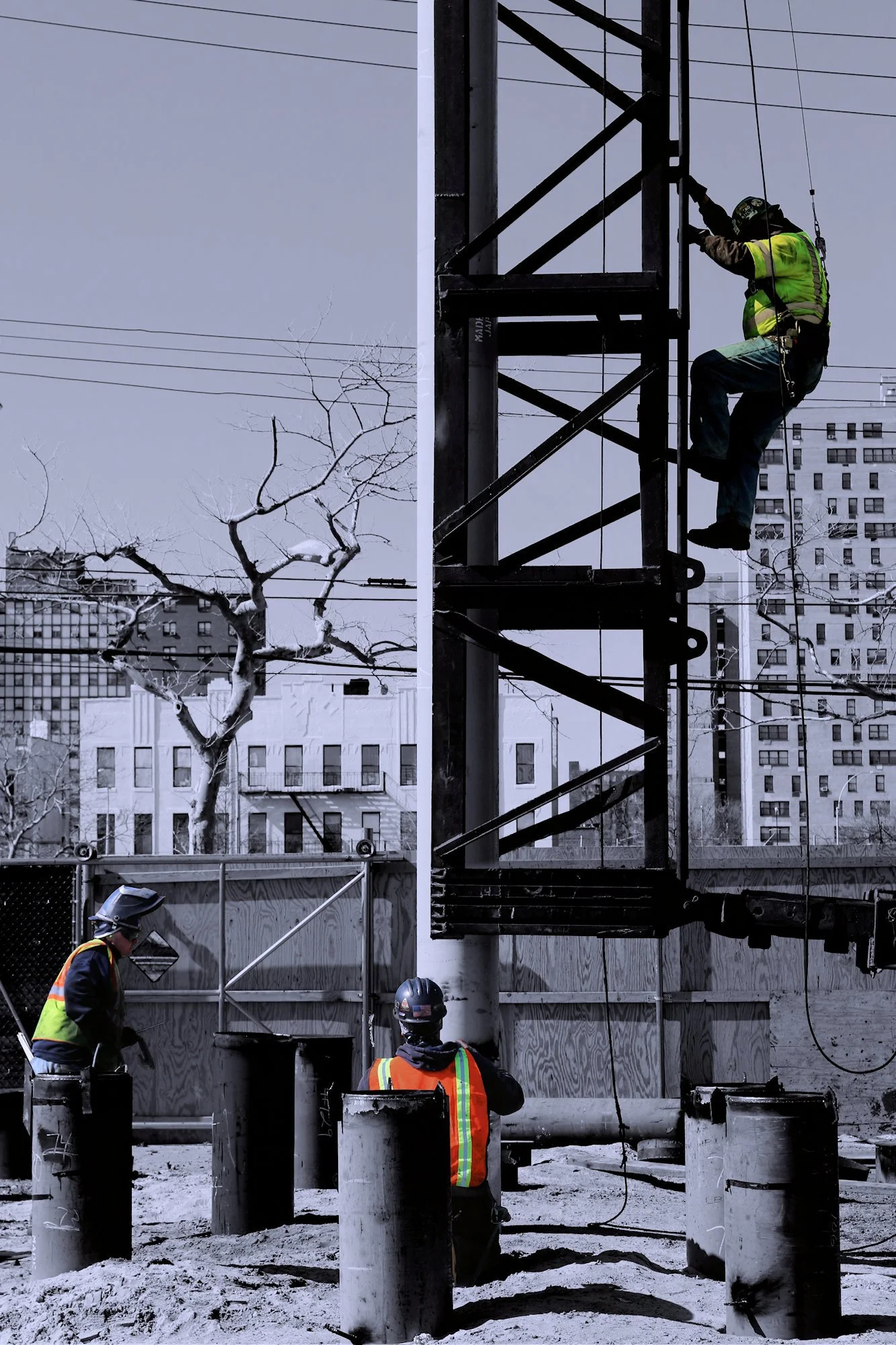 Construction working climbing pile mast