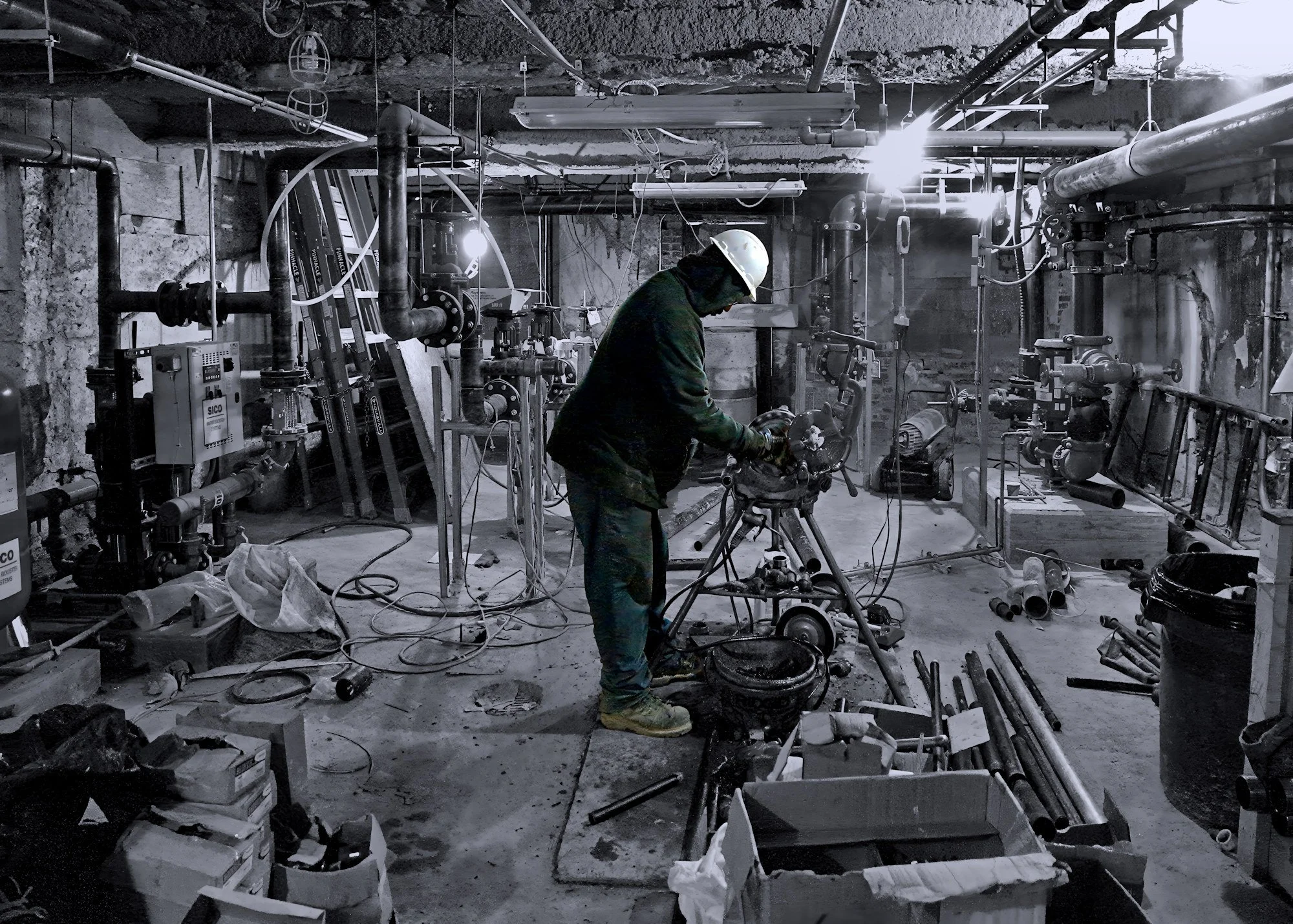 NYC building construction pipefitter B&W vintage