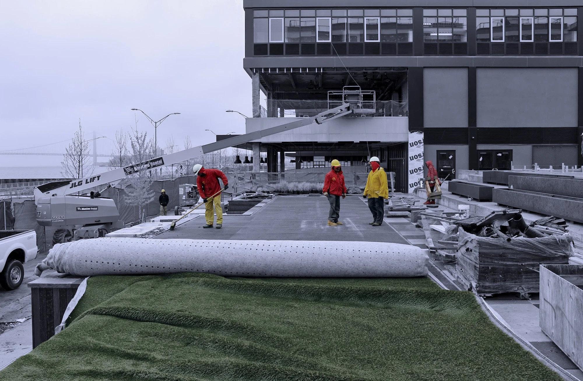 building construction astroturf fake grass site work nyc B&W vintage documentary