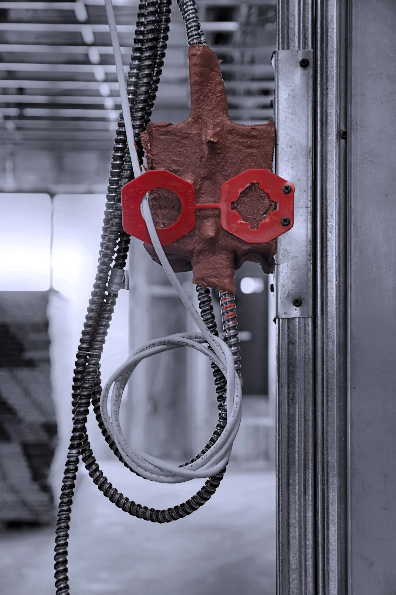 230803.A.02.N.01 - Firestop putty on the back or an Electrical Outlet Box + Plastic Bushing Used for Low Voltage Wire Guide