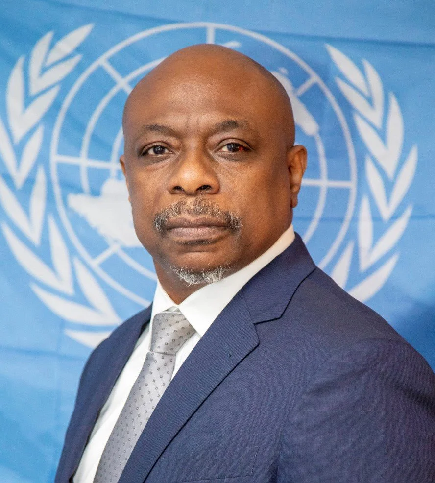 Portrait of a man in a suit with a United Nations flag in the background.