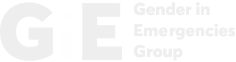 Logo for the Gender in Emergencies Group, with the letters G I E and a flower icon.