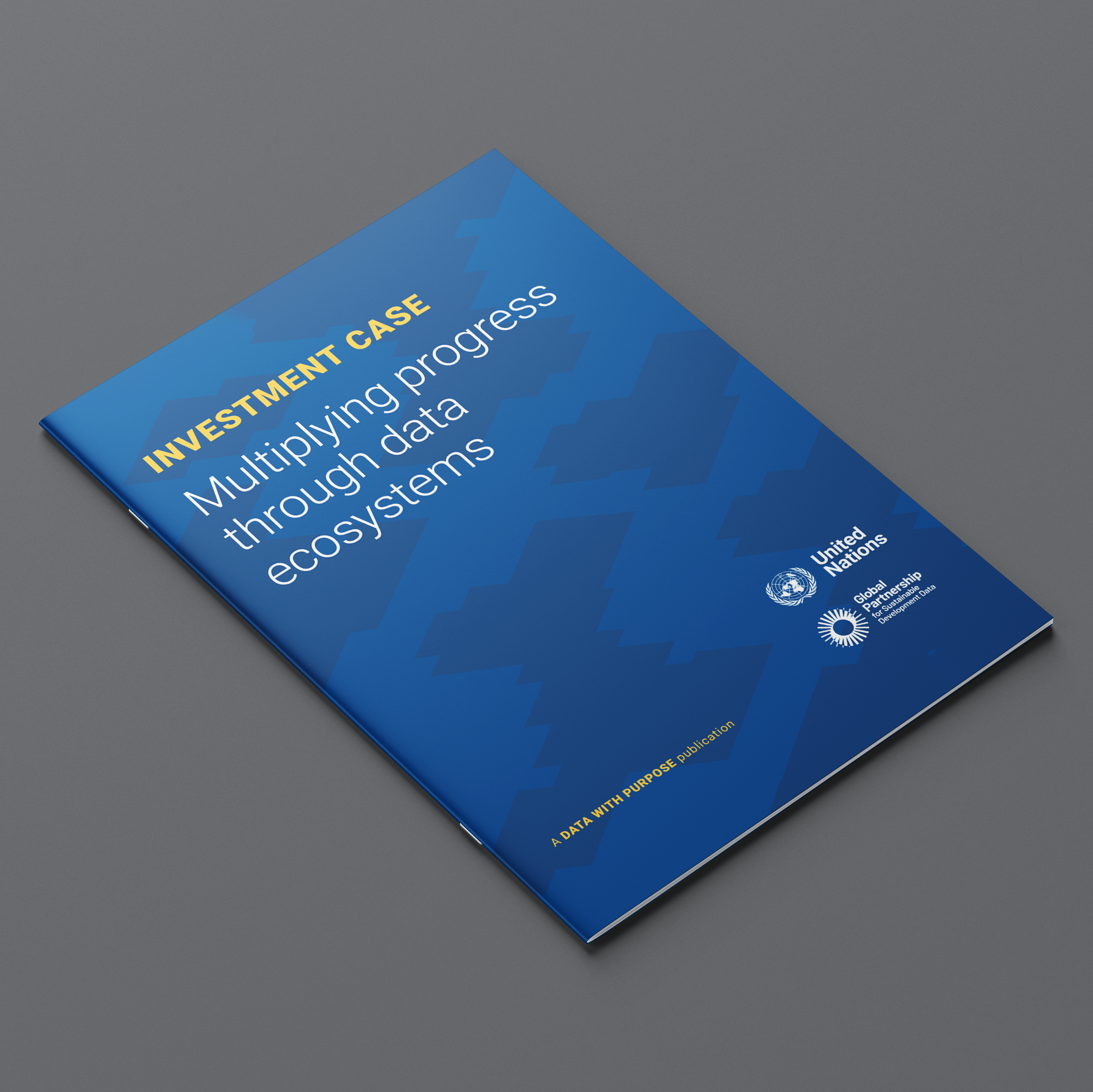 A blue report titled 'Investment Case: Multiplying progress through data ecosystems' by the United Nations and Global Partnership for Sustainable Development Data on a gray surface.