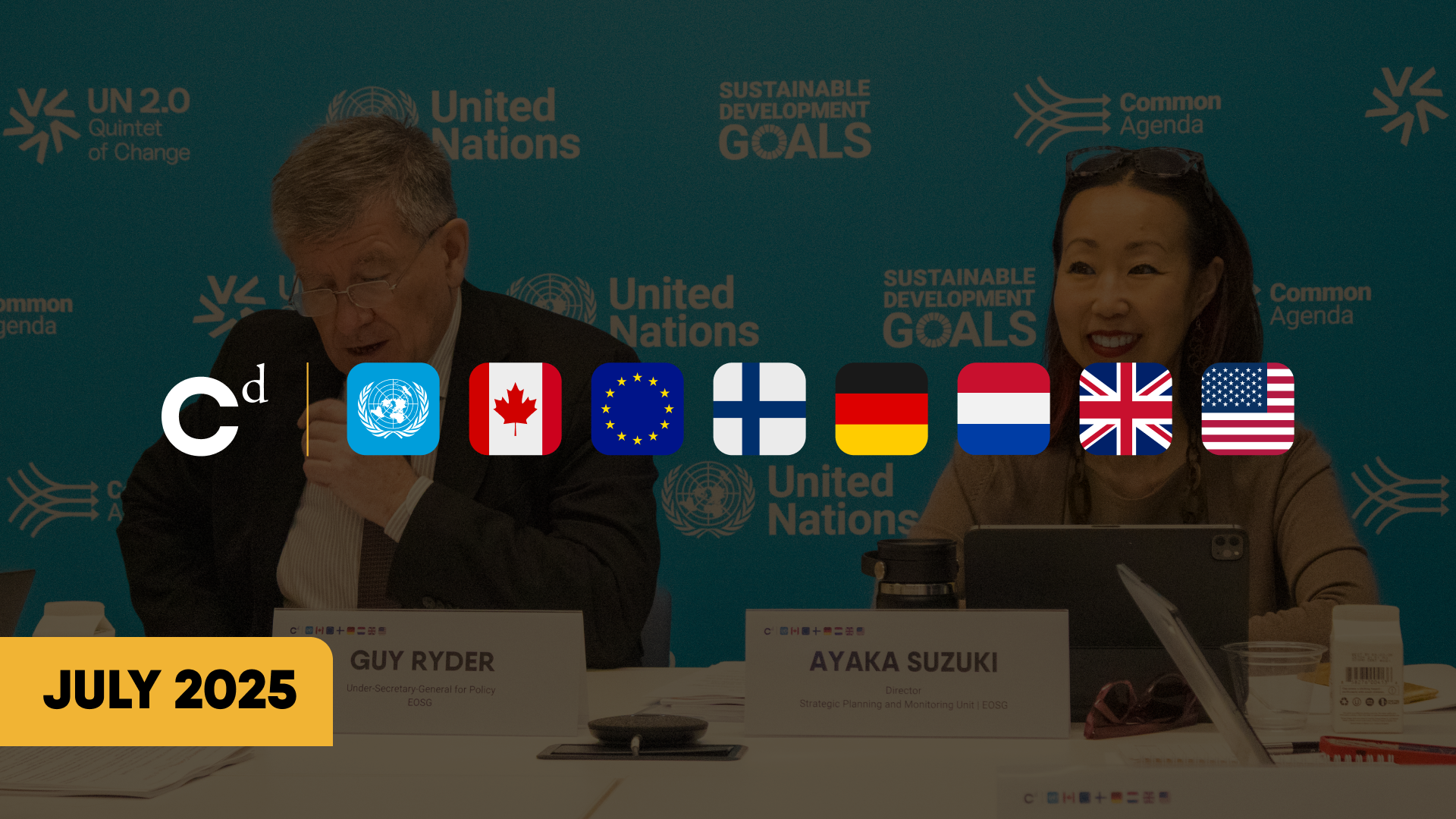 Two individuals seated at a table with nameplates, microphones, and electronic devices, against a backdrop displaying United Nations and Sustainable Development Goals logos. The person on the left is Guy Ryder, and the person on the right is Ayaka Suzuki, with a yellow label indicating July 2025.