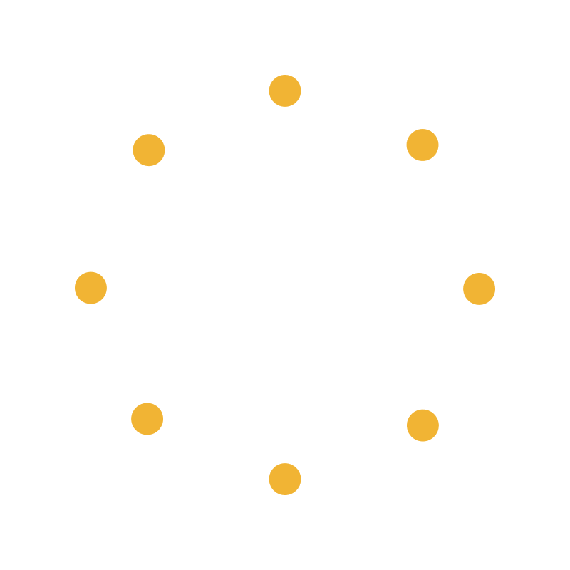 A globe with latitude and longitude lines surrounded by a circular orbit of eight yellow dots on a black background.