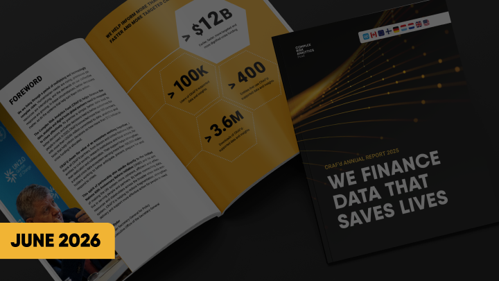CRAFT annual report 2025 cover reading “We finance data that saves lives,” alongside an open foreword and statistics spread, with a June 2026 label