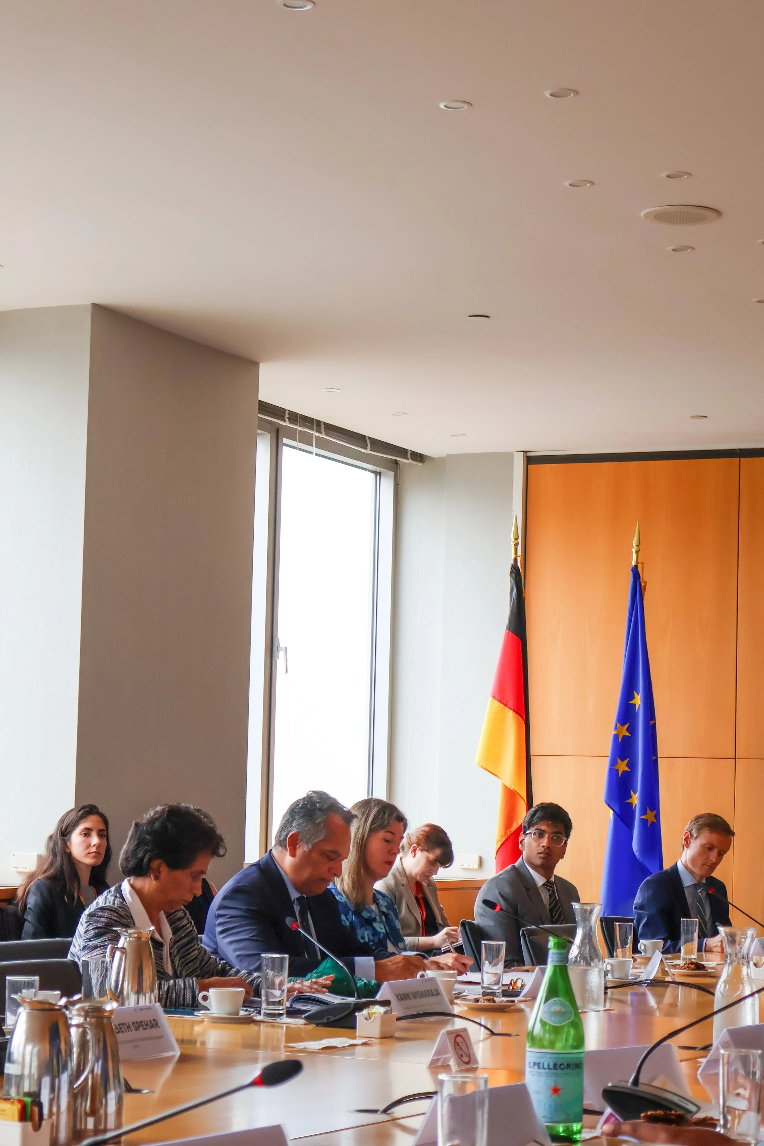 A group of people seated at a conference table with microphones, documents, and beverages, participating in a meeting. The room has a large window, and two flags—Germany and the European Union—are displayed in the background.