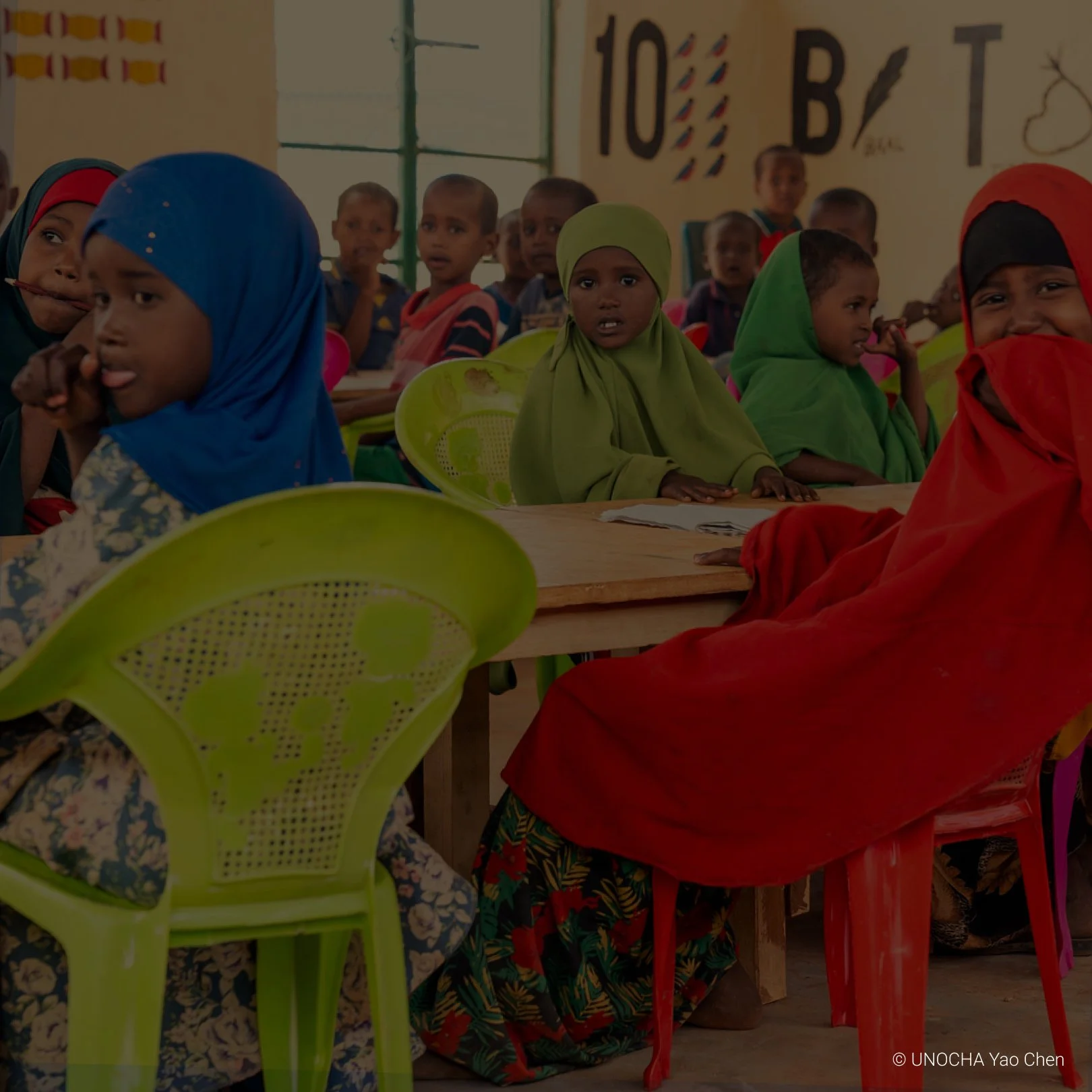 Children in colorful clothing and headscarves sitting at desks in a classroom, some looking towards the camera with curious and surprised expressions.