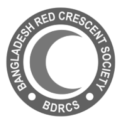 Logo of Bangladesh Red Crescent Society with a crescent moon and text surrounding it.
