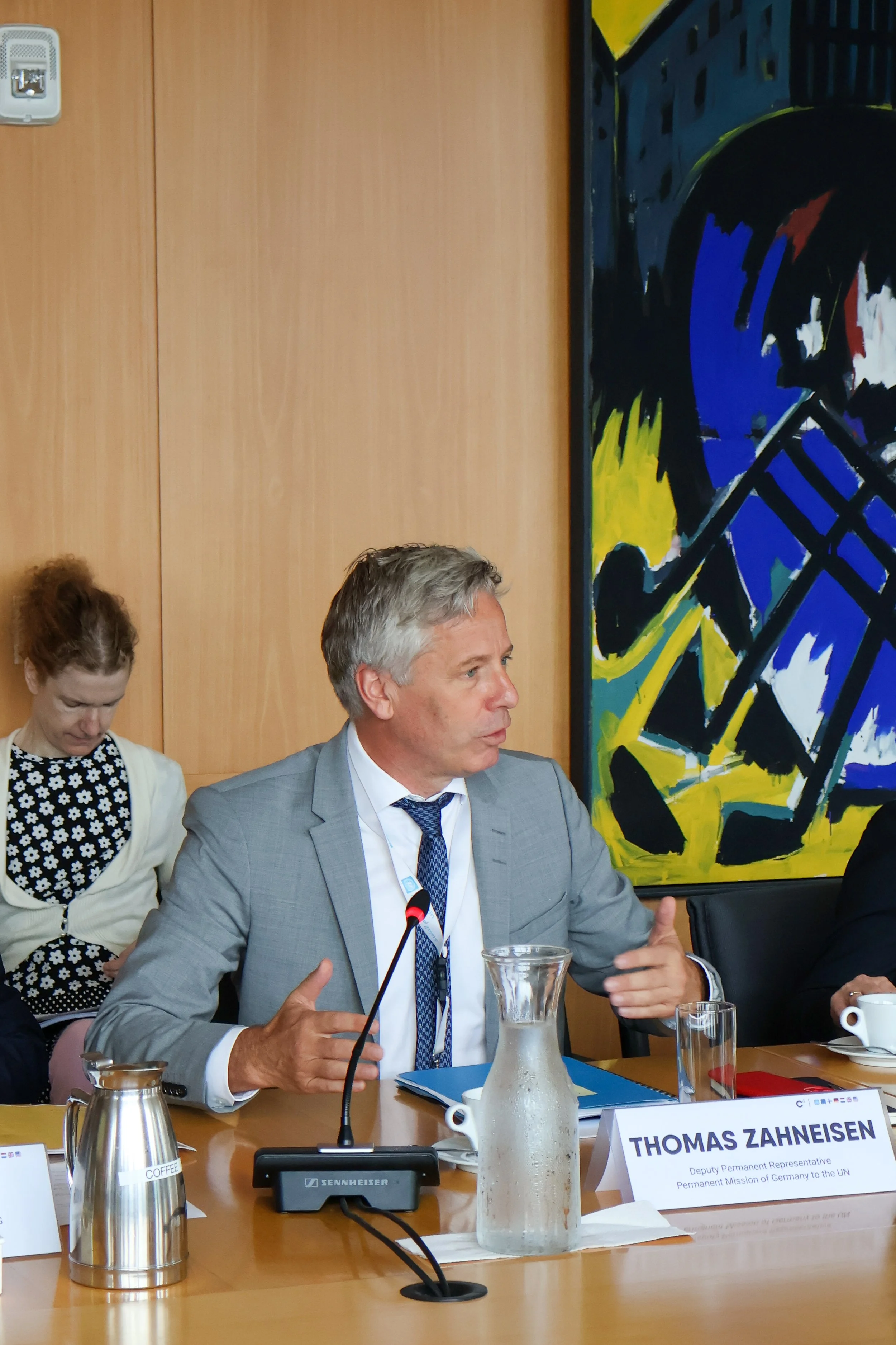 Man in a gray suit speaking at a conference table with a microphone, water pitcher, and nameplate reading 'Thomas Zahneisen'.