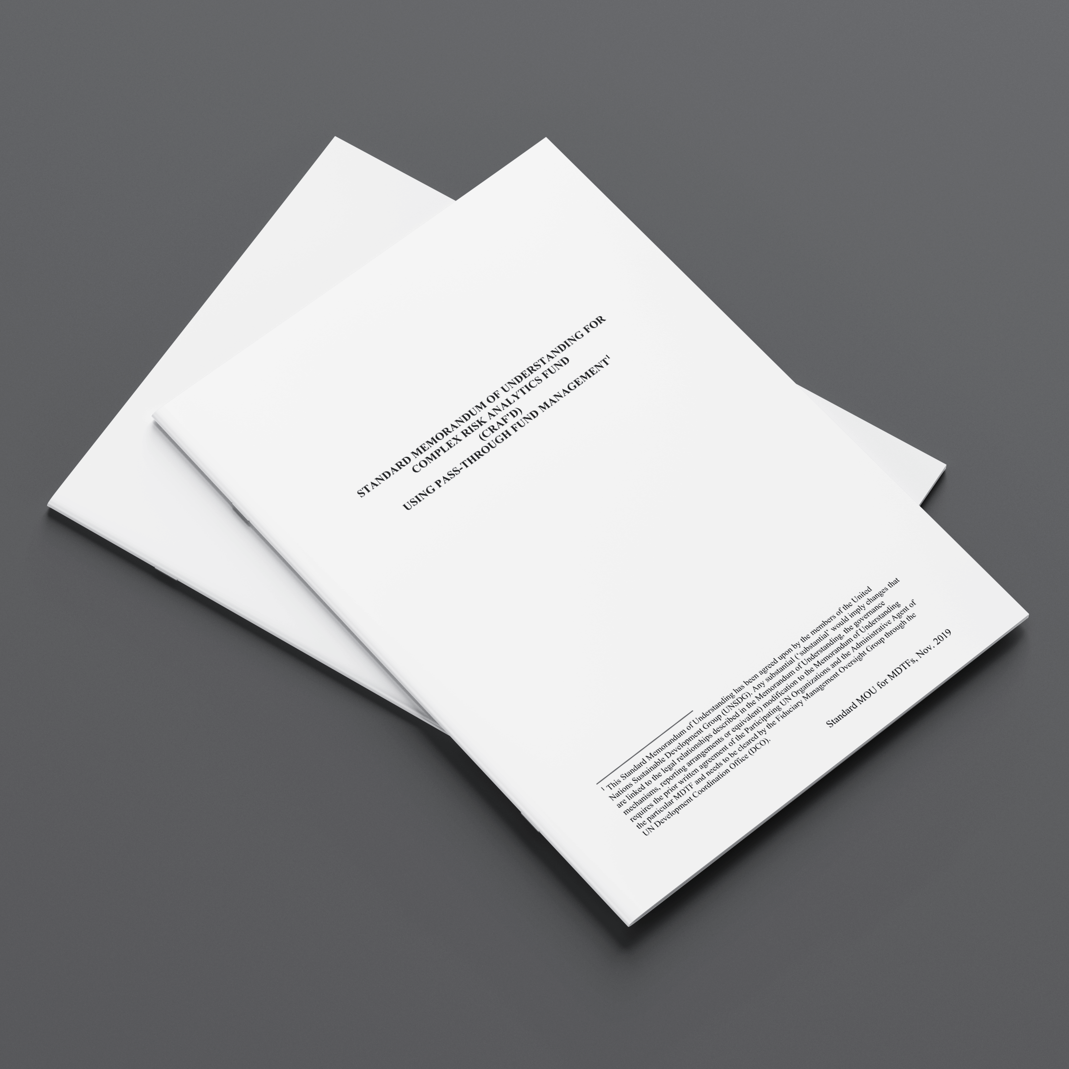 Two white documents with black text on a gray background, titled 'Standard Memorandum of Understanding for Complex Risk Analytics Fund Using PASS-Through Fund Management'.