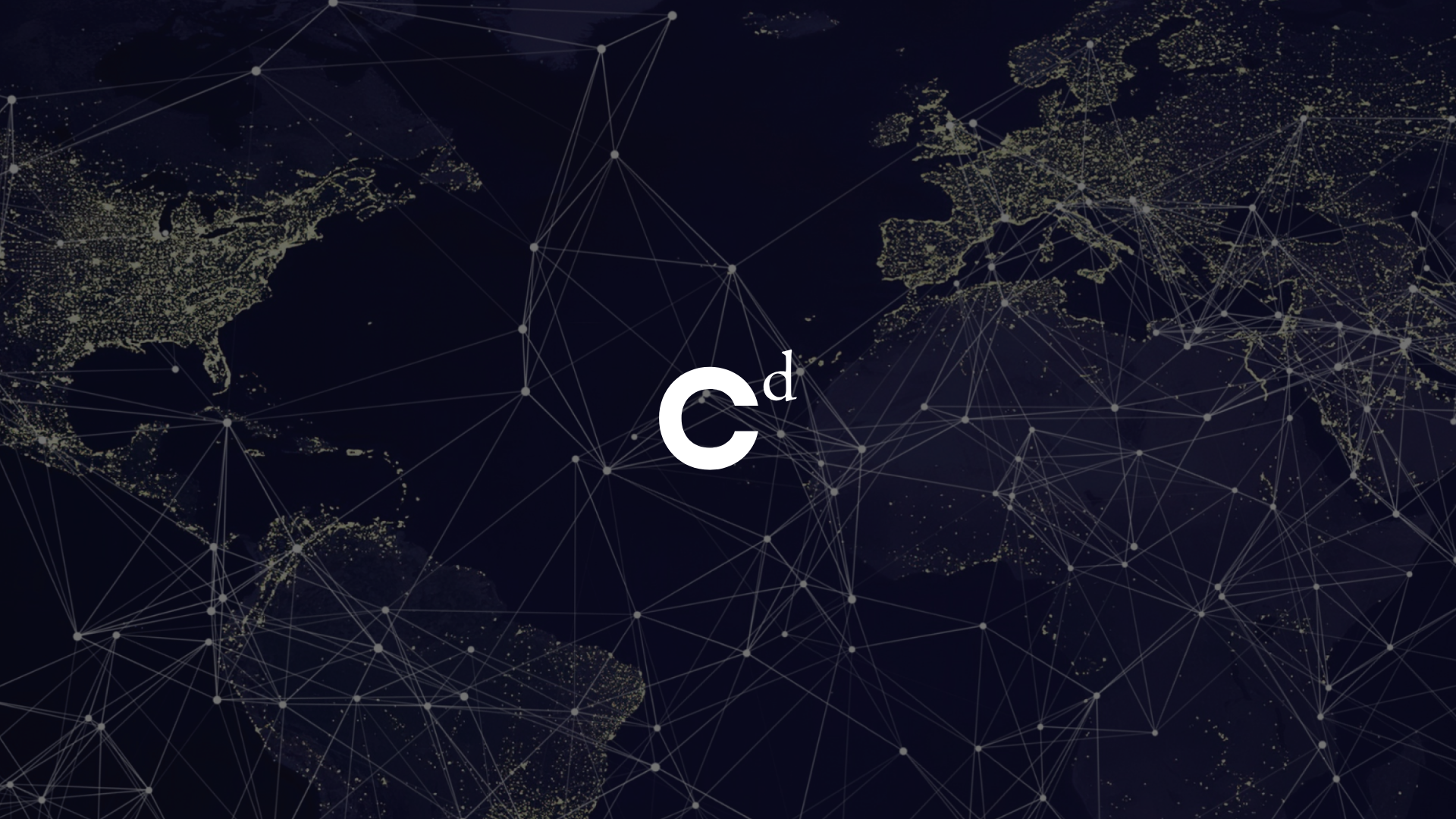 Digital map of the world with bright lines, dots, and connections, and the letters 'C'd' prominently displayed in the center.