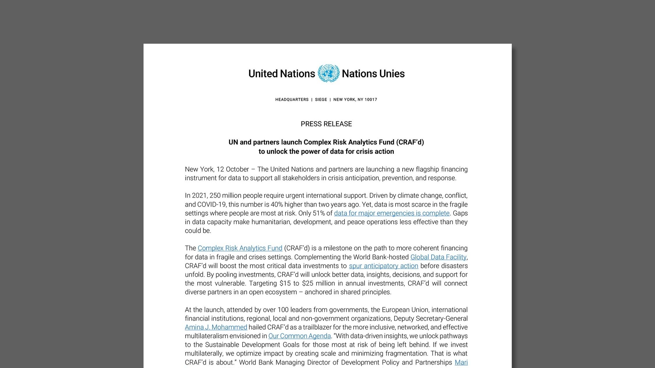 Press release document from the United Nations about launching a complex risk analytics fund to support crisis data and response, dated October 12th, with information on global data initiatives, investments, and international support.
