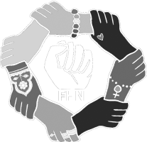 Four arms with different skin tones and accessories holding hands in a circle, with the word 'FAN' in the center.