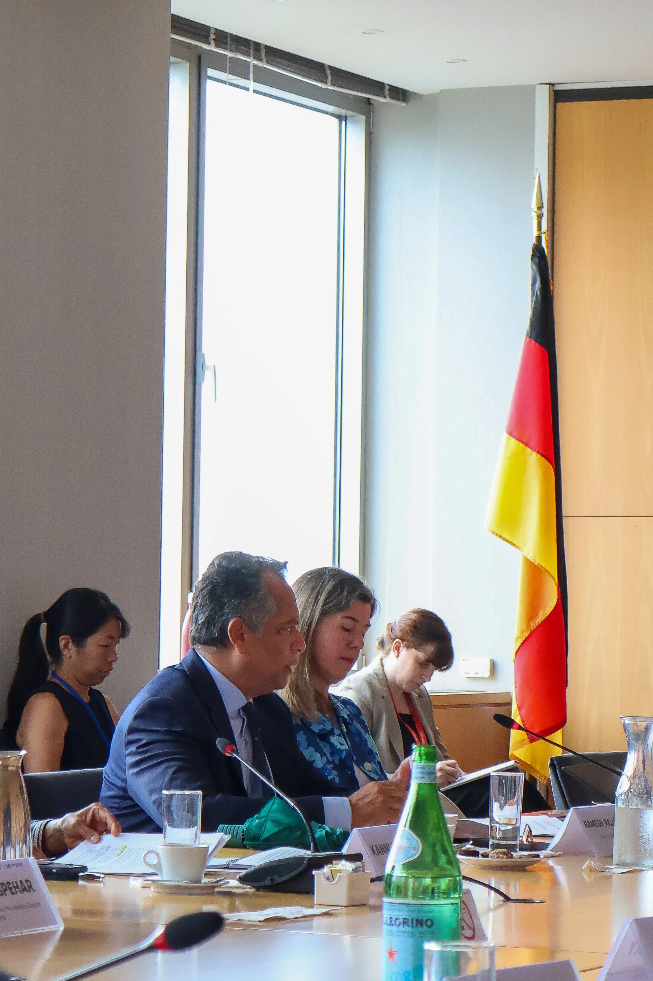 Meeting room with five people seated at a table, large window, and a German flag in the background.