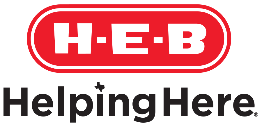 H-E-B logo with red oval containing white letters H-E-B, and black text below that says Helping Here.