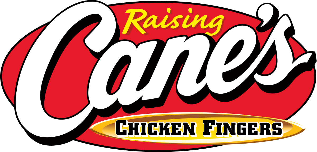 Logo for Raising Cane's with the words 'Raising Cane's Chicken Fingers' and red, black, white, and yellow graphic elements.