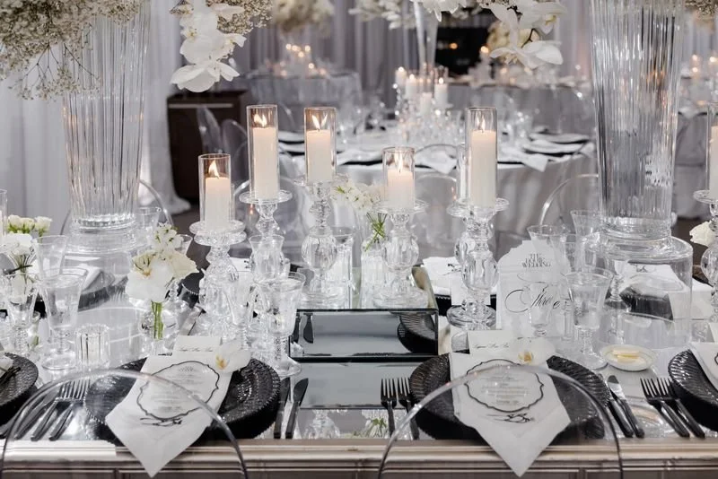 Custom wedding stationery and place setting created for a Kesh Events wedding reception.