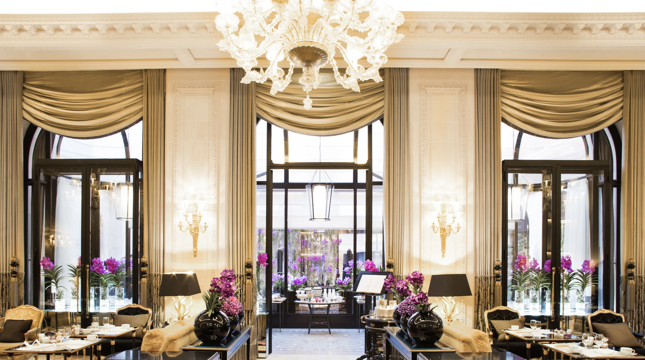 Lavish décor and floral arrangements at Four Seasons Hotel George V in Paris