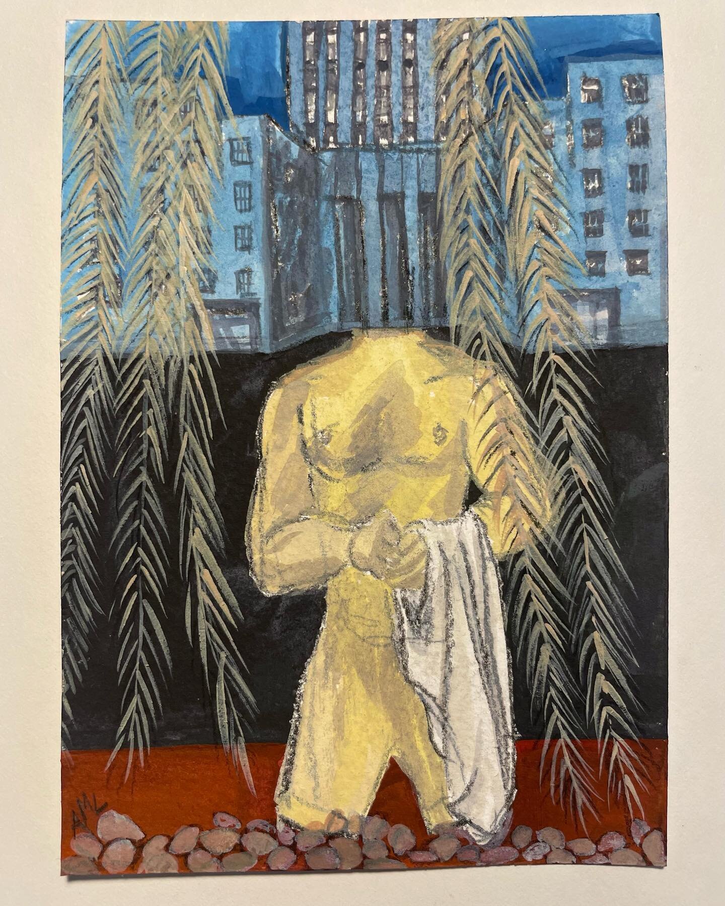 This is my small painting, conte crayon and gouache, inspired by the paintings of Louise Bourgeois that I saw @metmuseum. 

I loved meeting her as a painter, discovering our mutual attraction to bodies and buildings. I loved her palette of color fiel