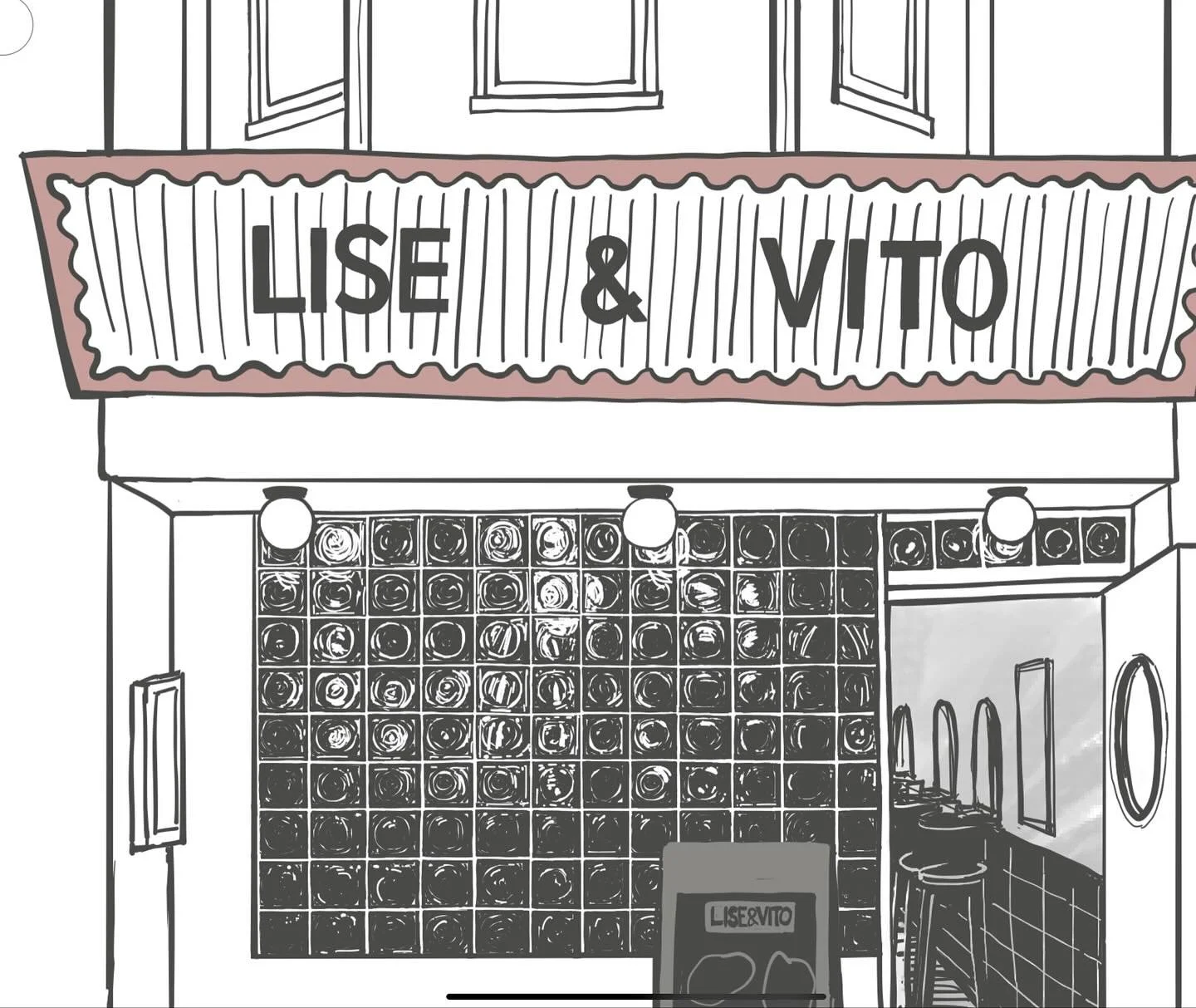 Sneak a peek, here&rsquo;s a detail from a new placemat and promotion coming to the one and only @kelloggsdinerbk. You&rsquo;re going to be seeing a lot of bar storefronts! 
Here is @liseandvito, a super charming portal to another dimension of moody 