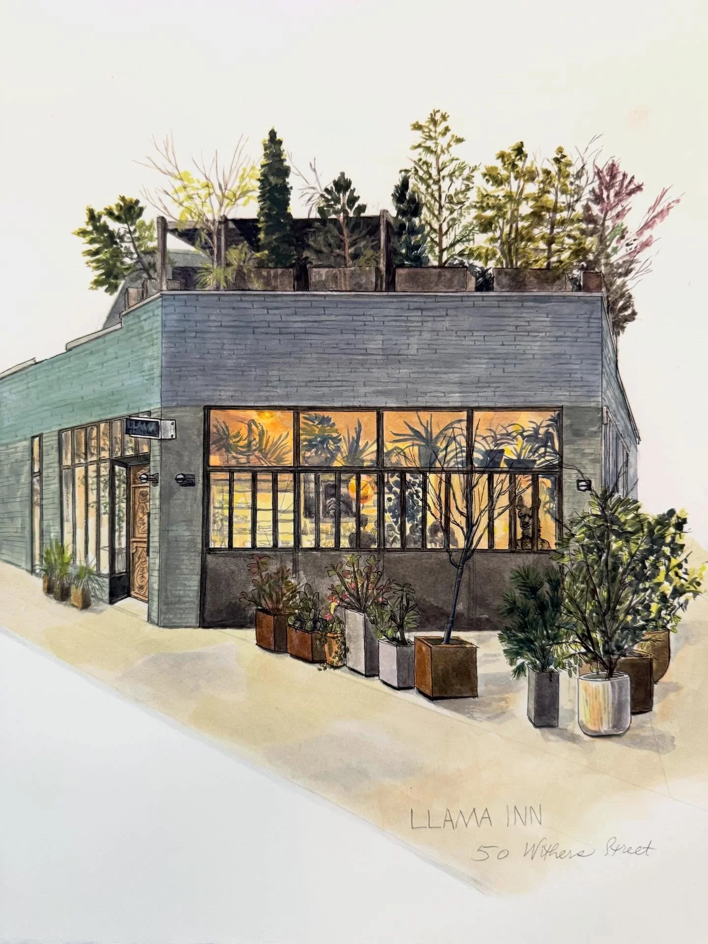 Llama Inn, 12x15&rdquo;, 12/2025, ink and pencil and gouache &mdash; last painting delivered in 2025, a portrait of this completely unique and impeccable restaurant triangulating on this corner of Williamsburg for the last 10 years. The Llama Inn, fl