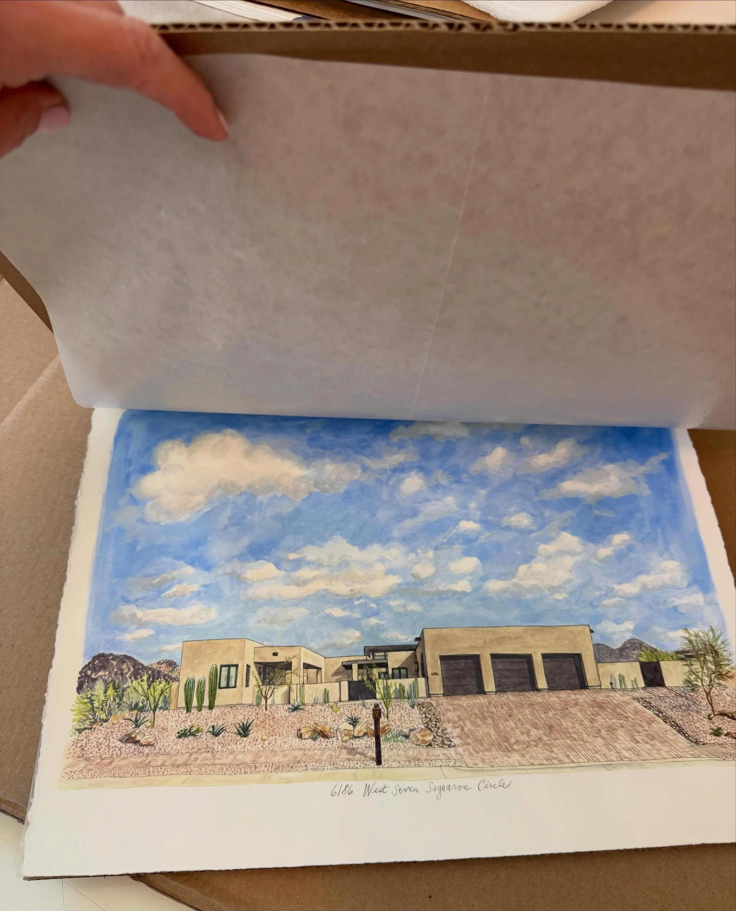 Signed, sealed, and shipped! I loved painting this AZ home and flora and the palette of natural rocks blending with human made stone and stucco.☀️