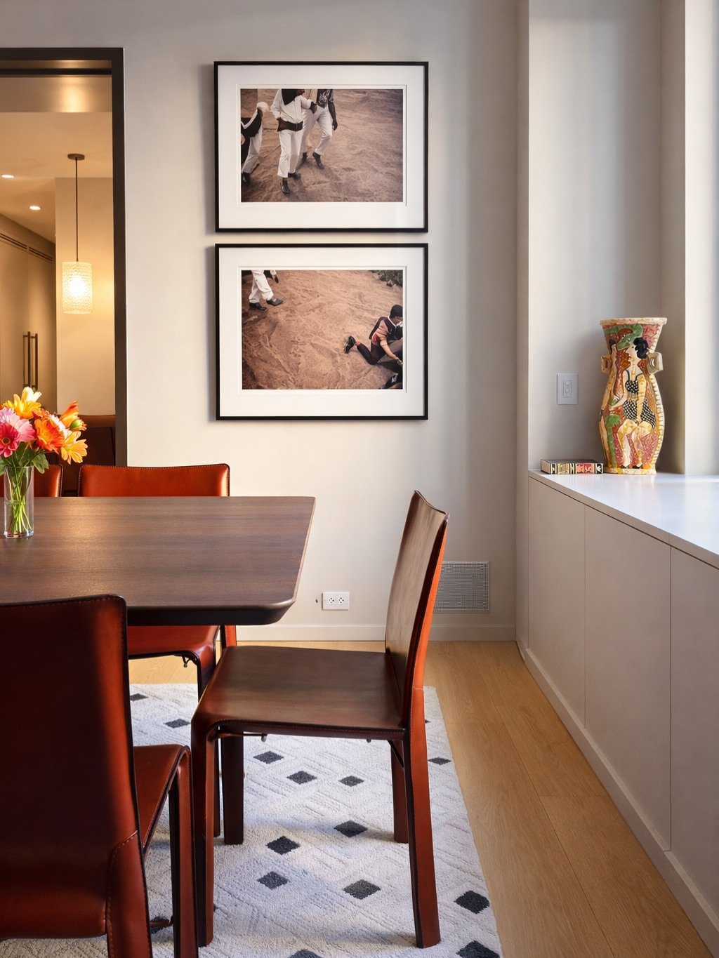 Dining Room details from our CPW project. Custom walnut dining table, Cab 412 dining chairs by Mario Bellini for Cassina, Italy circa 1970&rsquo;s, William Kentridge single color lithograph and collage