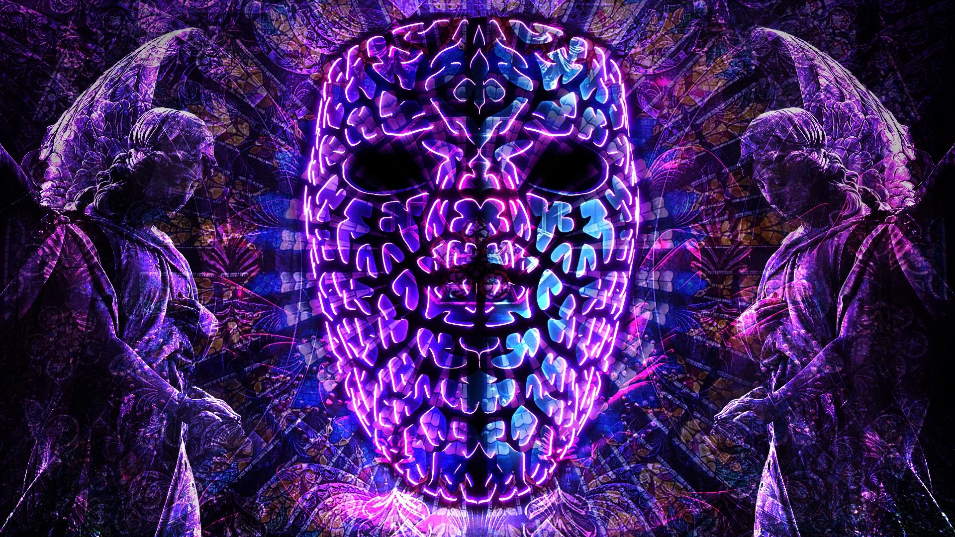Neon artwork of a colorful, illuminated skull with butterflies and two classical statues on either side, set against a dark, intricate background with purple and blue hues.