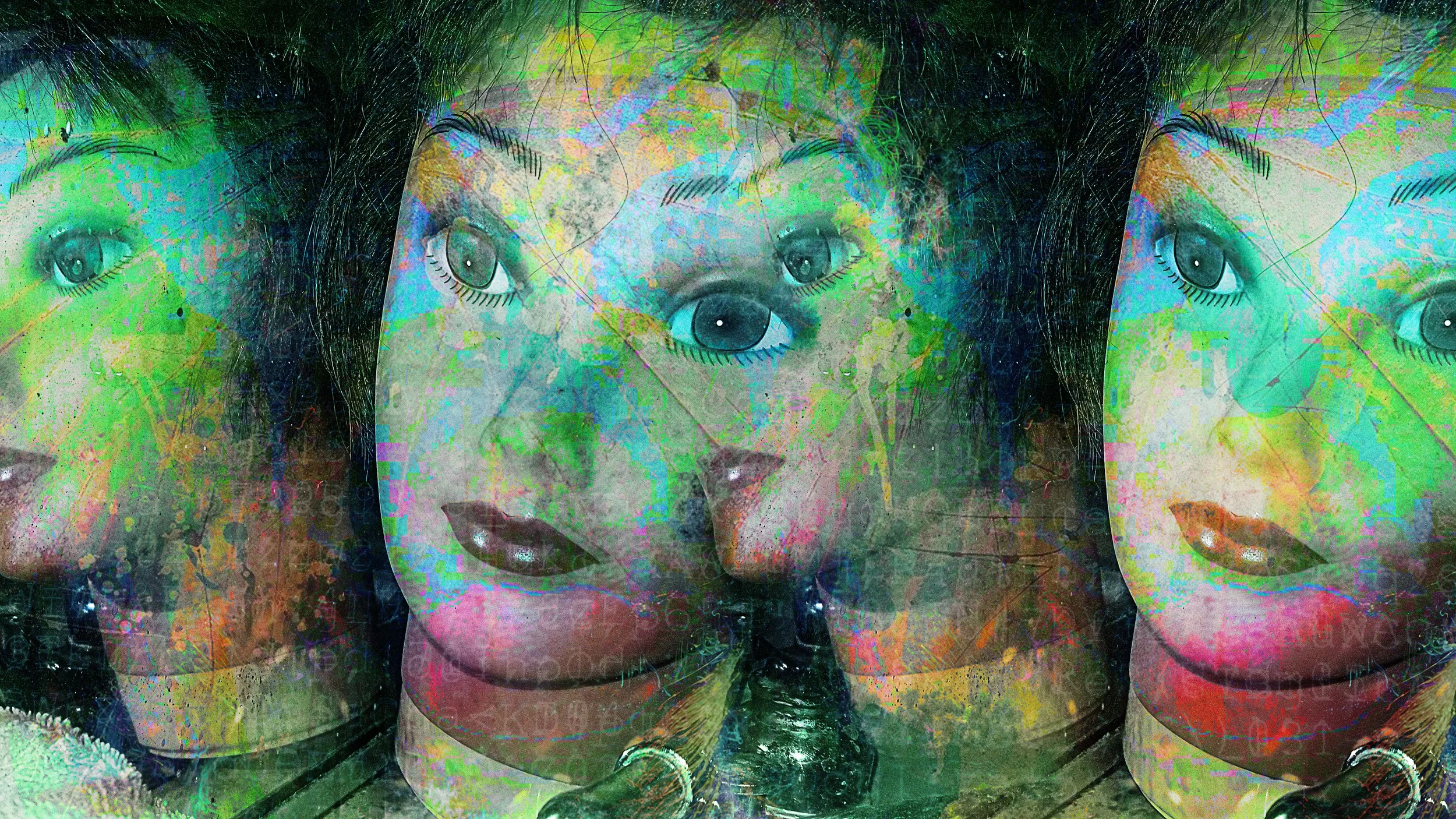 Artistic poster featuring the faces of three women with large expressive eyes, stylized hair, and bold makeup, layered with colorful abstract patterns and textures.