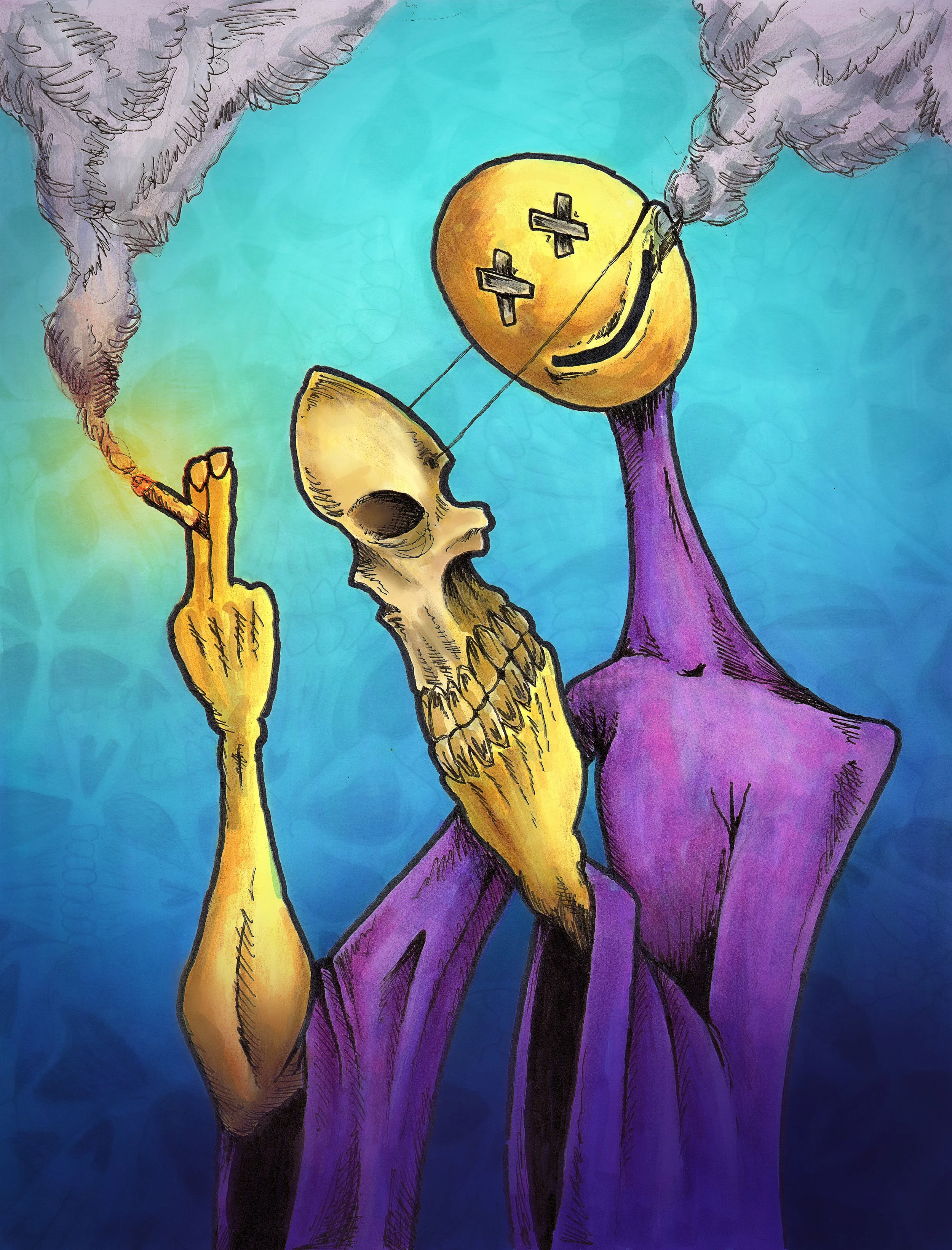 A colorful drawing of a person with a purple dress and a yellow skull for a face, holding a lit cigarette with smoke and ash at the tip. The person is holding a skull with a smiling yellow face and crosses for eyes.