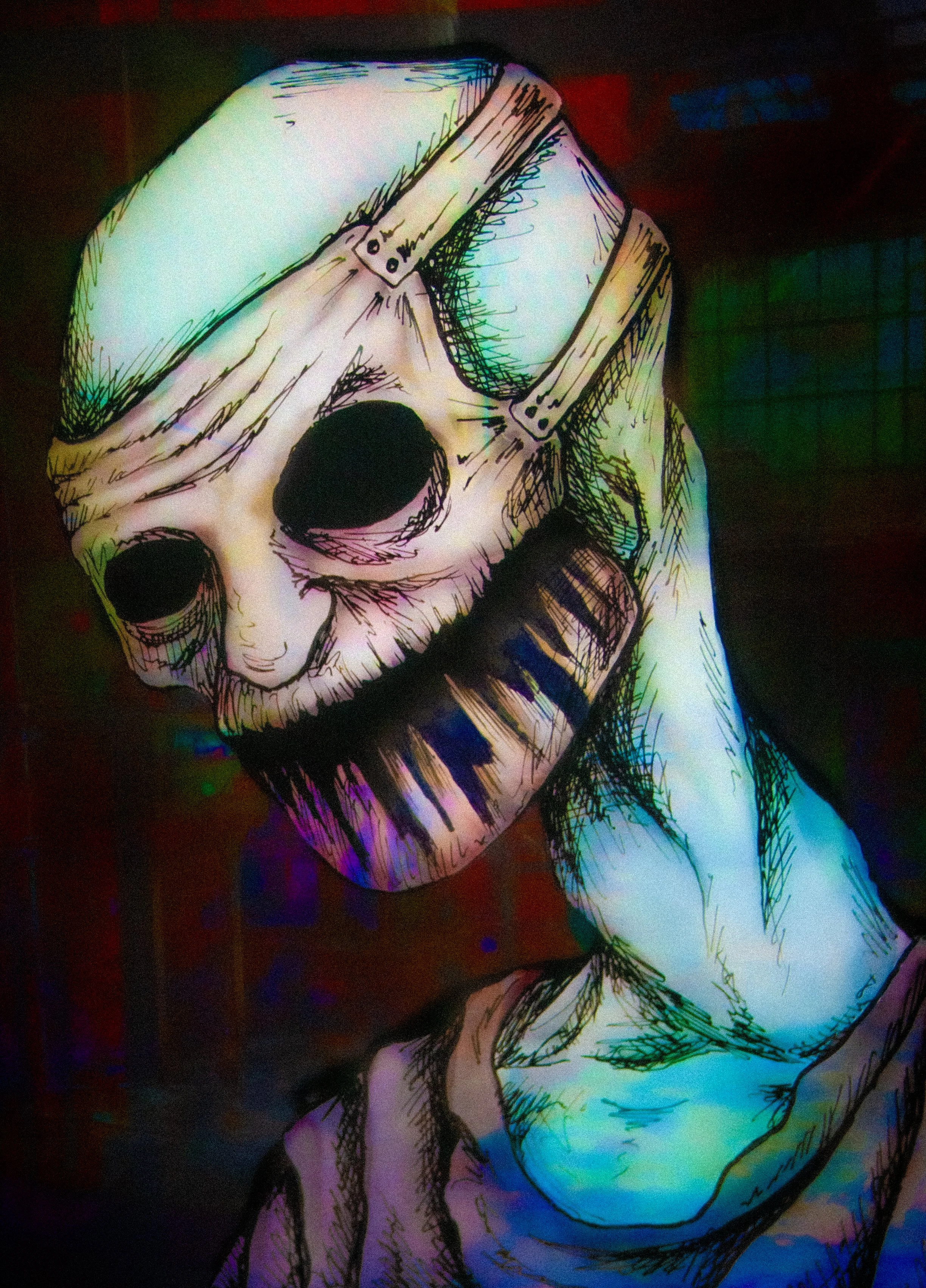 Colorful sketch of a nude woman sitting with her knees drawn up, her head resting on her knees, with long braided hair and an expressive drawing style.