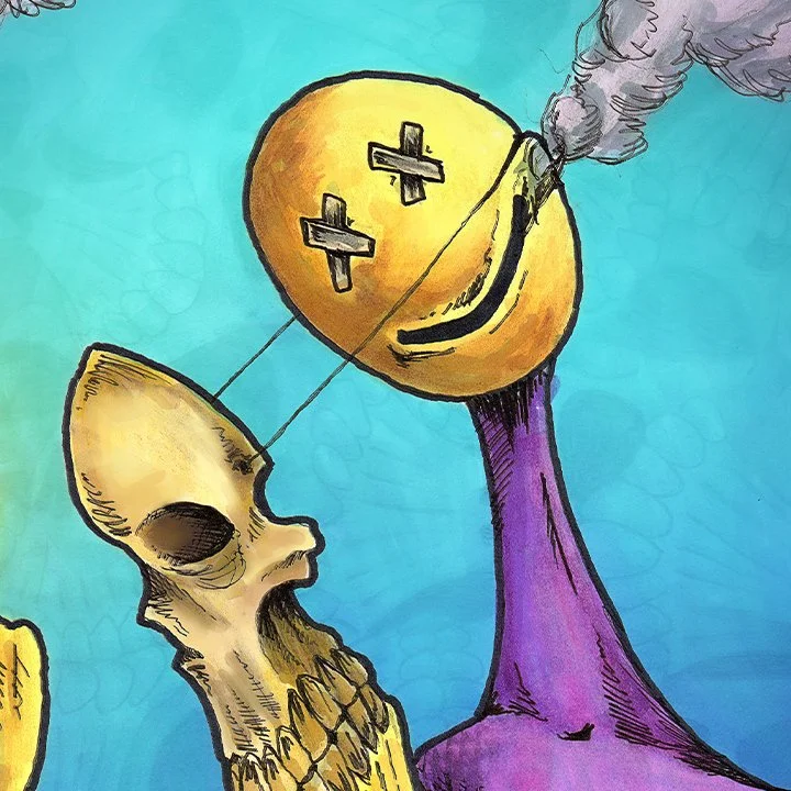 A surreal illustration of a yellow smiling face with cross eyes