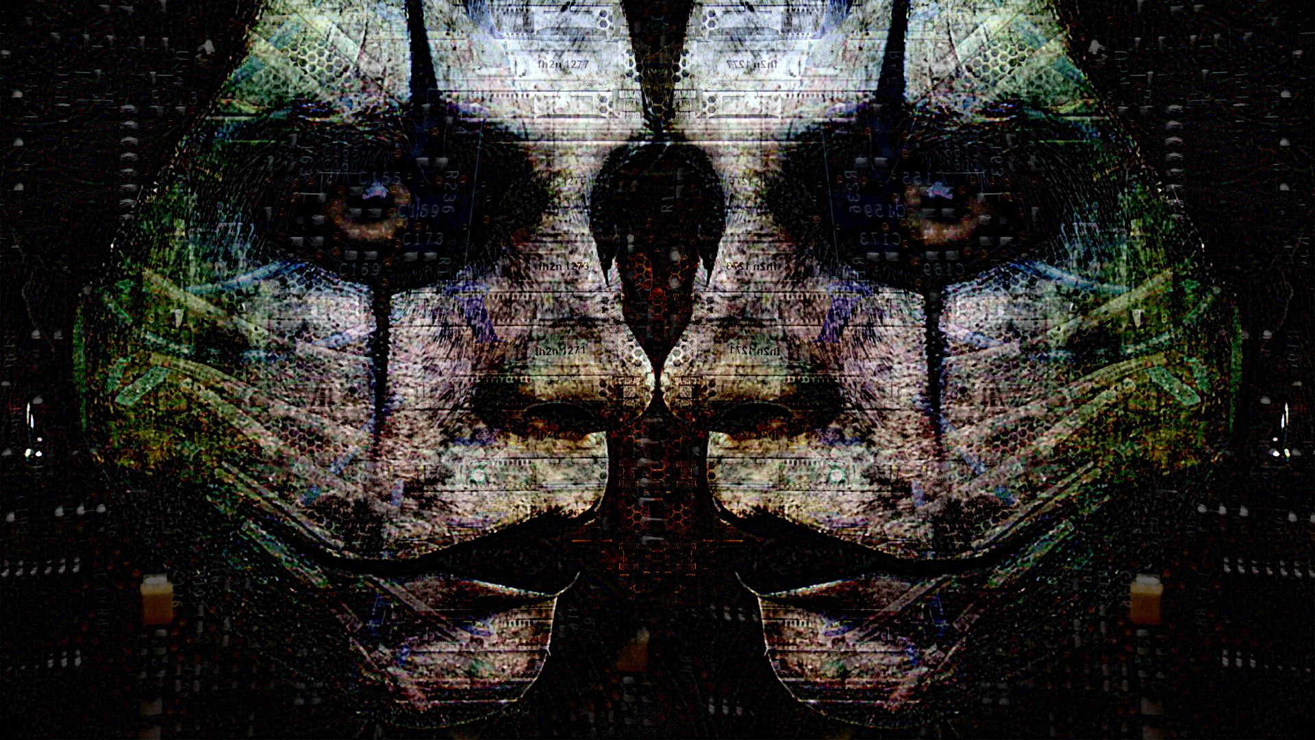 A highly abstract and distorted digital image of a woman's face, split symmetrically down the middle, with visible electronic circuitry overlayed on her facial features.