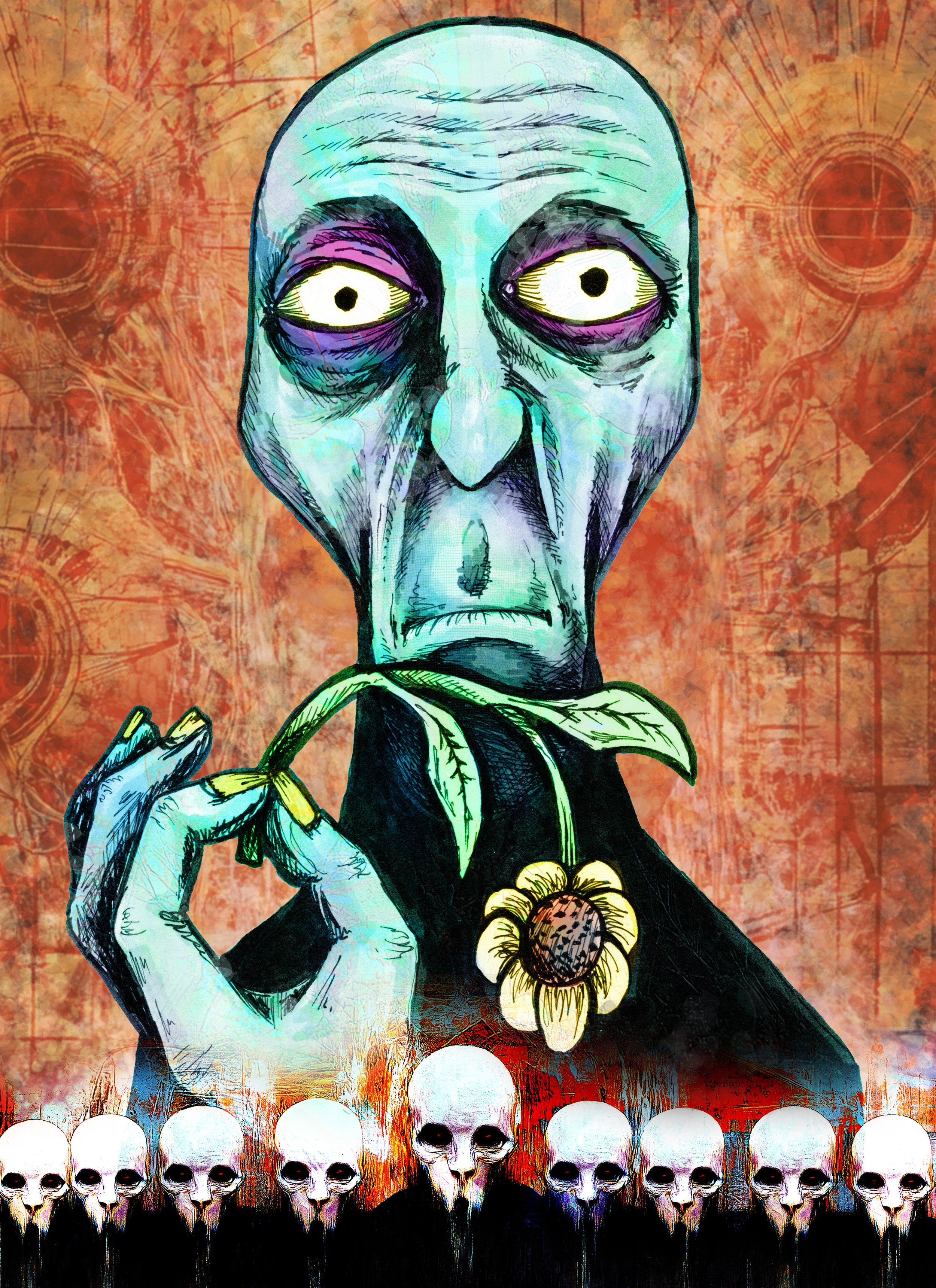A colorful, surreal illustration of a figure holding a sunflower, surrounded by skulls, with a large, eerie face in the background and abstract red patterns.
