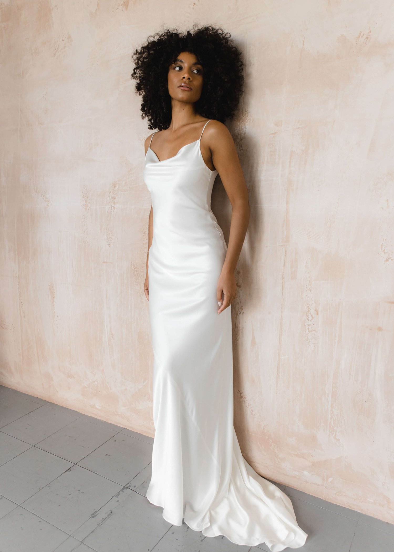 Slinky bias cut wedding dress with a draped cowl neck , low back and thin  straps — BIBILUXE STUDIO