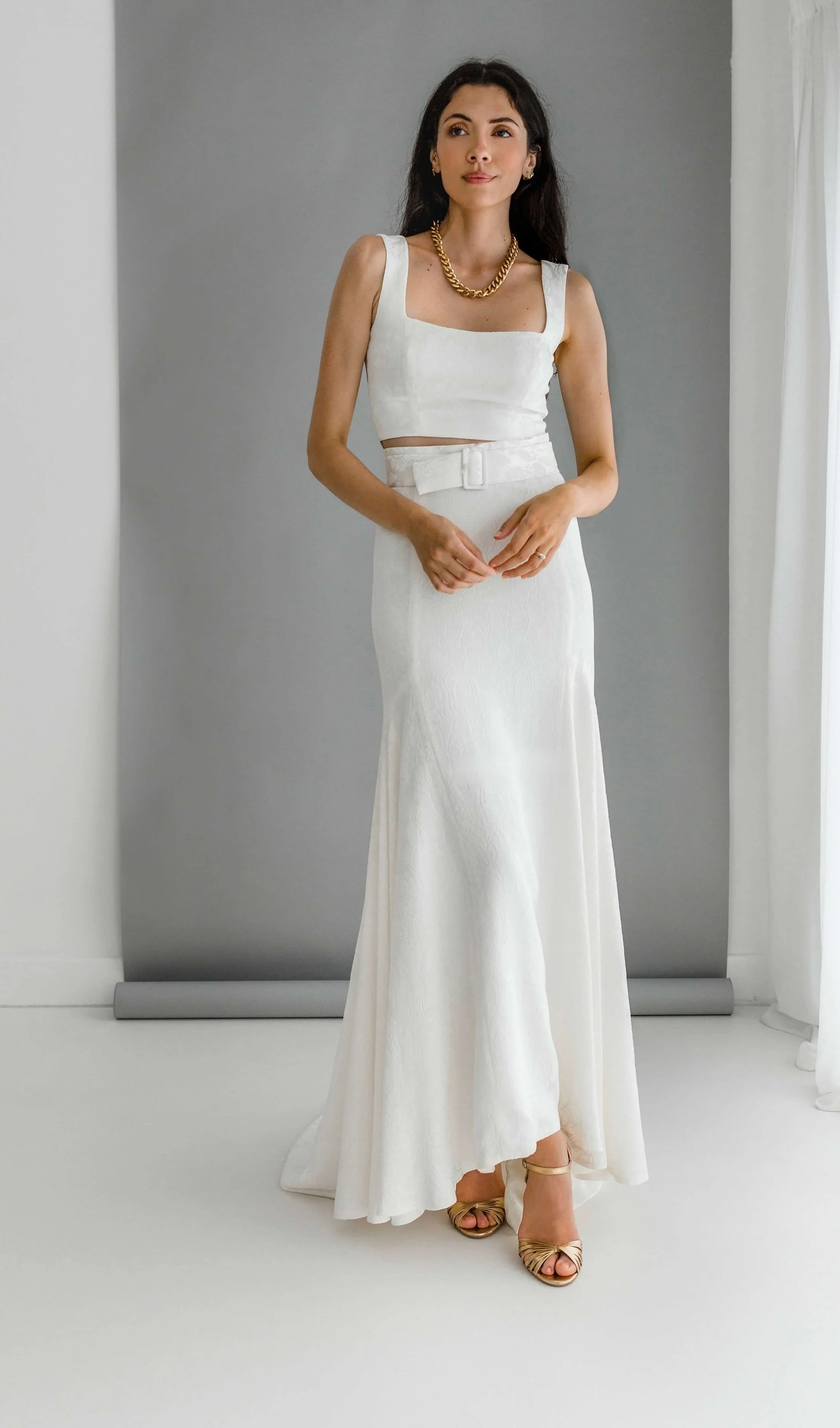 modern square neck wedding two piece