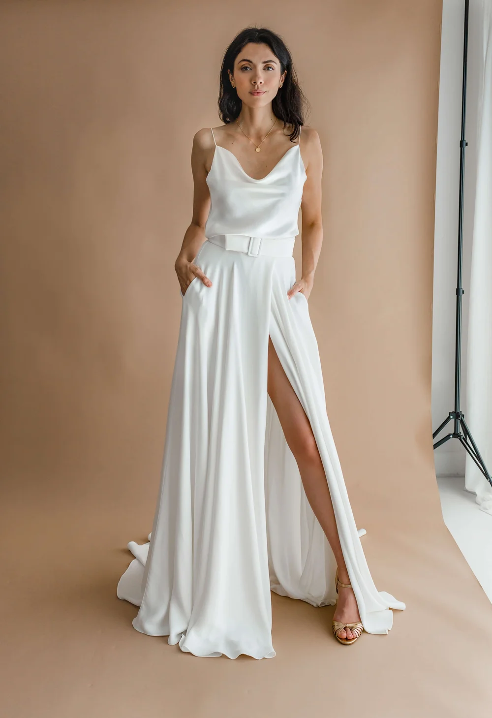 Ivory satin silk draped cowl neck camisole top — BIBILUXE STUDIO