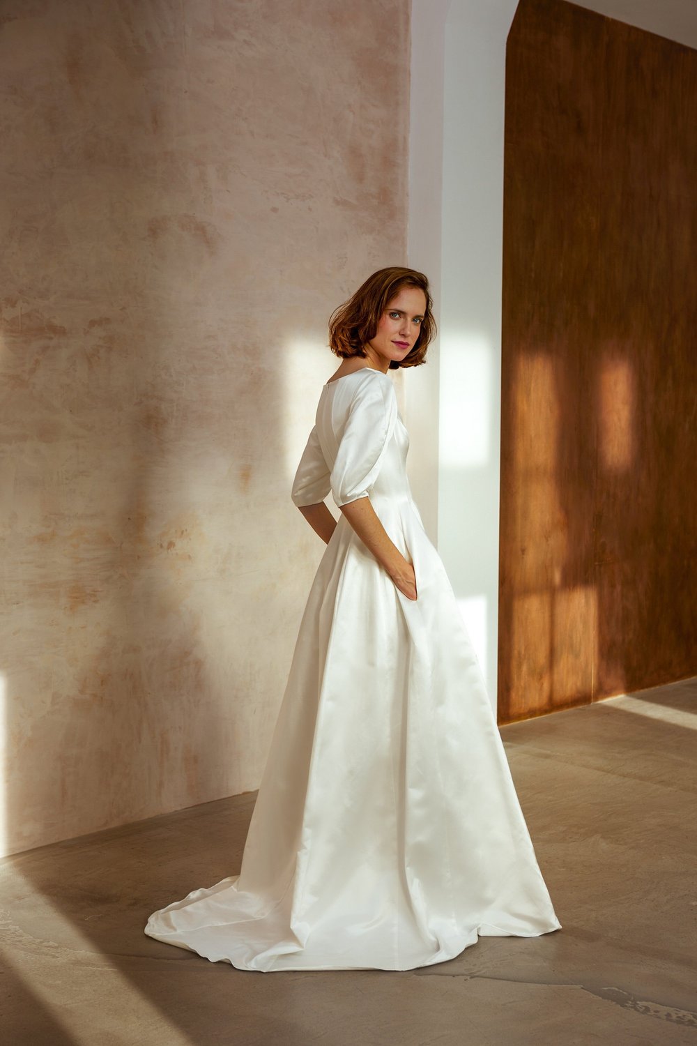 silk puff sleeve wedding dress Silk Ball Gown With Slit