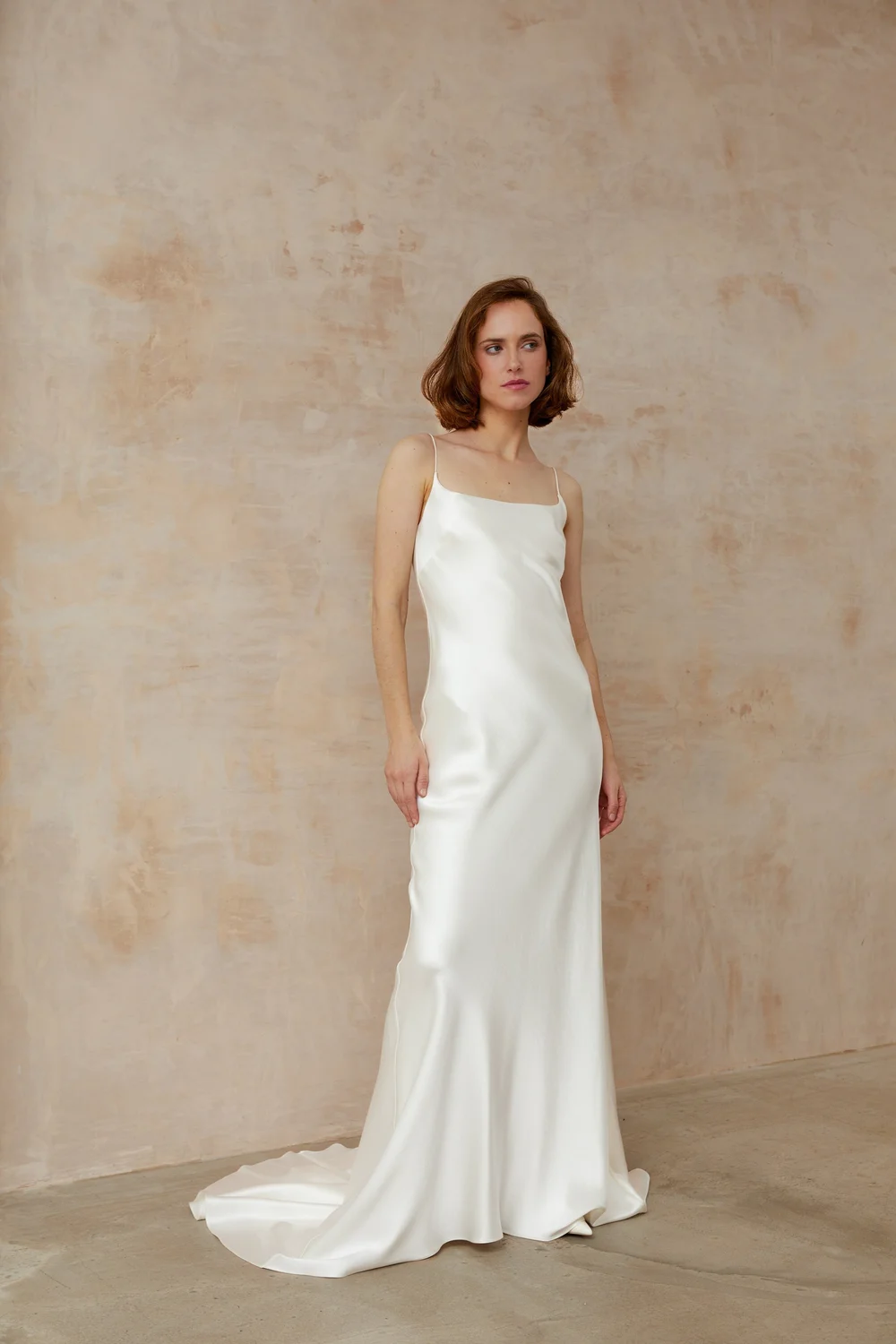 bias cut silk wedding dress Peony Rice Style: GRETA Bias Cut Hammered Silk Satin Deep V Panelled Gown Natural White / US 10