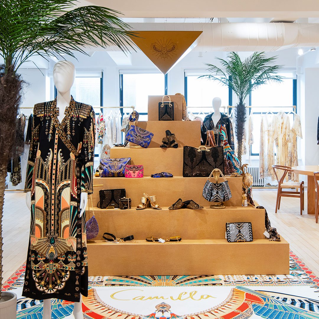 The latest update to the @camillawithlove New York showroom embodies the art of retail in a uniquely mysterious way, elevating the showroom experience to new heights with a stunning custom sand-coated pyramid display. While the design may evoke intri