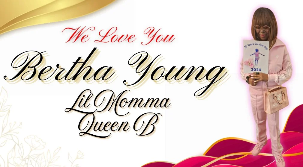 A woman in pink clothing holding a 2024 survivor pamphlet, standing next to a red and gold design element, on an anniversary or celebration card with messages expressing love and tribute