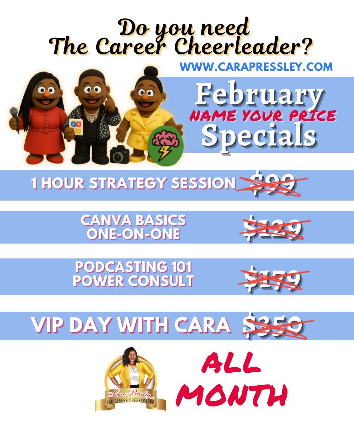 Promotional flyer for career coaching and digital skills training with colorful text, cartoon characters, and a photo of Cara Presley, offering discounted prices for various online courses and a VIP day.