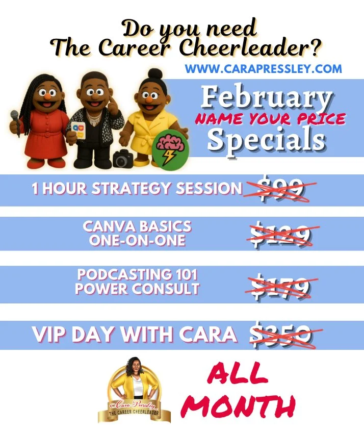 Promotional flyer for career coaching services featuring cartoon characters, a website URL, February specials, and discounted prices for strategy sessions, Canva basics, podcasting, and VIP day with Cara.