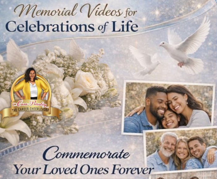Memorial advertisement with white flowers and doves, celebrating loved ones, featuring photos of diverse family members, with the text 'Memorial Videos for Celebrations of Life' and 'Commemorate Your Loved Ones Forever'.